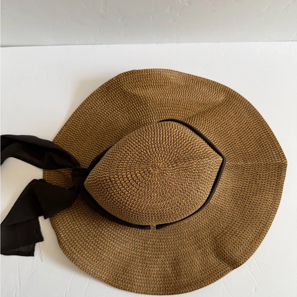 Simplicity Tan White Brim Straw Sun Hat with Brown Ribbon Tie